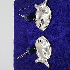 French Silver Metal Fish Earrings w/glass bead